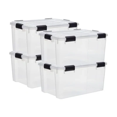 Imagen de Iris Ohyama 4 Cajas herméticas de plástico con tapa y cierres a presión, 50L, Transparente, sello impermeable, apilables, antipolvo, para ropas, camping, exteriores, cubo almacenaje, box, DDAT L