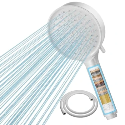 Imagen de Cobbe Alcachofa de ducha con filtro, mano alta presión manguera, 6 modos chorro, ahorro agua, filtrado en 20 capas para agua dura, cloro residual y bacterias, blanco