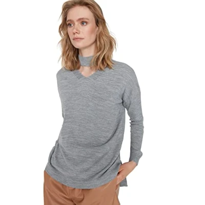 Imagen de Trendyol Gargantilla básica de Cuello Alto para Mujer, Ajuste Regular, suéter Punto Sudadera, Gris, S