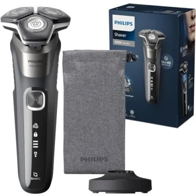Imagen de Philips Serie 5000 Afeitadora Eléctrica Hombre, Máquina de Afeitar Barba con Recortadora, 45 cuchillas, Cuida la piel, 60min uso, En Seco y Húmedo, Recargable, Base Carga, S5887/13, Gris