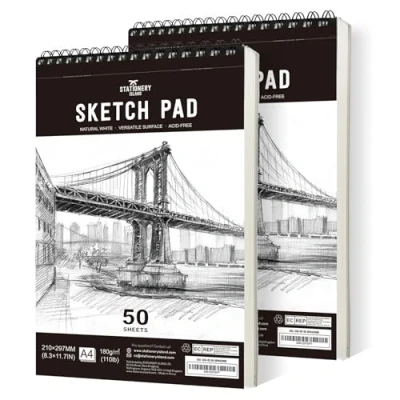 Imagen de STATIONERY ISLAND Bloc de Dibujo, A4 Sketchbook 180g/m² Papel Grueso, 100 Páginas/50 Hojas Encuadernadas en Espiral Cuaderno Dibujo Pack 2
