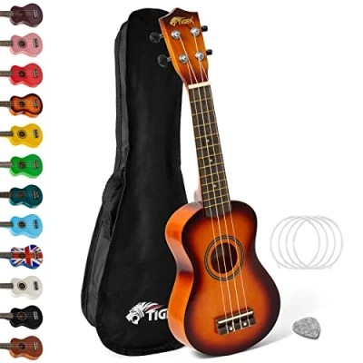 Imagen de Tiger Ukelele soprano UKE7 para principiantes incluye funda, púa de fieltro y juego cuerdas repuesto, Sunburst