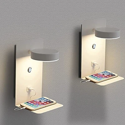 Imagen de 2 Piezas Aplique de Pared LED Regulable Interior, Lámpara Dormitorio Blanco 12W con puerto cargadores USB, Luz Moderno Giratorio 350 Control Táctil, lectura Enchufe