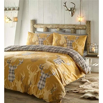 Imagen de Homemaker Juego de funda nórdica y almohada reversible, diseño ciervo rústico, color ocre mostaza, matrimonio