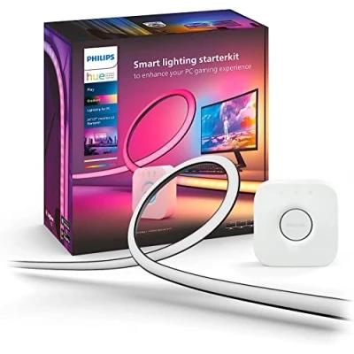 Imagen de Philips Hue Kit de inicio 3 Tiras luces LED Play Gradient para PC 24 27&quot;+ Bridge, Luz Blanca y Colores sincroniza con el contenido la pantalla, Compatible Alexa Google Home