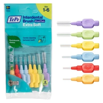 Imagen de TePe Cepillos interdentales Extra Suaves/Palillos para una higiene bucal delicada / 8 unidades de diferente tamaño por paquete, multicolor