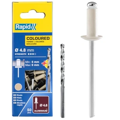 Imagen de Rapid Remaches de Aluminio Gran Resistencia, Blanco Crema, Ø4,8 x 12 mm 4 para Canalones, Tuberías y Chapa Metálica Incluye Taladro 50 Unidades, Embalaje Cartón (5001469)