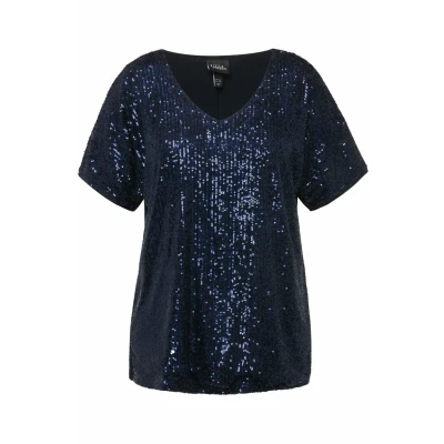 Imagen de Ulla Popken À PAILLETTES, COL EN V ET Manches Courtes Camiseta estampada, Mujer, Talla: 44/46, Marine