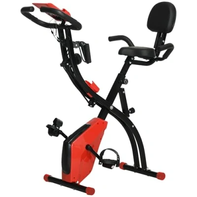 Imagen de HOMCOM Bicicleta Estática Plegable Regulable en Altura Resistencia Magnética Ajustable de Ejercicio Fitness con Pantalla LCD y Asiento Respaldo Sensor Pulso 105x48x118 cm Rojo