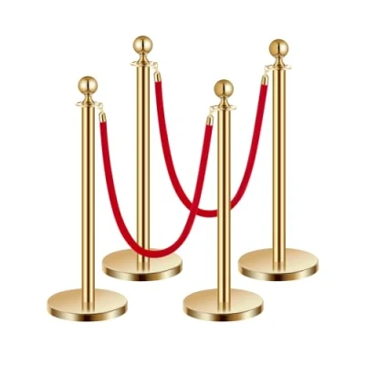 Imagen de VEVOR 4 PCS Poste de Estaca Acero Inoxidable 1,5 m con Base Hueca Inyección Arena y 2 Cuerdas Terciopelo Rojo, Barreras Control Multitudes para Teatro, Fiesta, Boda, Dorado