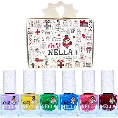 Imagen de Miss Nella Christmas Glitters Speciale Kids Nail Polish 6 Confezione: rosa, azul, verde, morado, amarillo y burdeos Peel off Water Based Formula