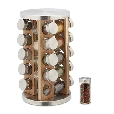 Imagen de Relaxdays Especiero Giratorio con 20 Botes, 360º, Estante Especias 34x19,5cm, Acero Inoxidable y Madera, Plateado/Marrón