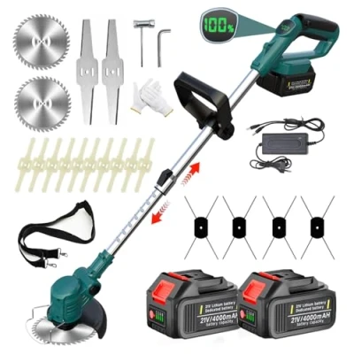 Imagen de Desbrozadora Bateria 21V, Electrica con 2 baterías y 4 Cuchillas Cortabordes en 1, Telescópica, Rotación 90 para Recortar Césped Arbustos, Blue