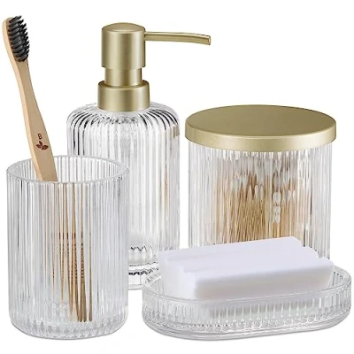 Imagen de Navaris Set de baño Cristal Accesorios con 1x dispensador Vaso jabonera y algodonero Vidrio Transparente Dorado metálico