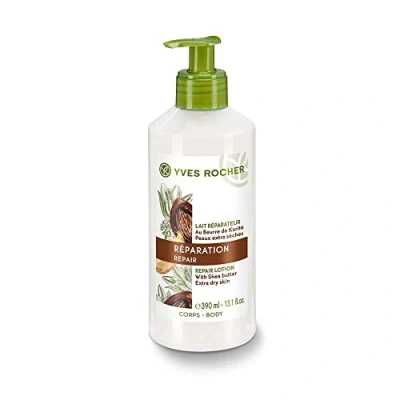 Imagen de Yves Rocher Loción corporal nutritiva con manteca de karité orgánica, para piel seca y picante, probado dermatológicamente, botella bomba 13.2 fl oz