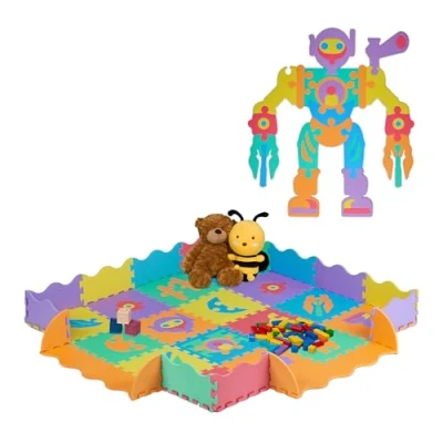 Imagen de Relaxdays Alfombra Puzzle Bebé, Colchoneta Juegos 4 x 4, con Robot para Montar, Goma No Tóxica, Suelo Gateo, Multicolor, Gomaespuma, 149 cm