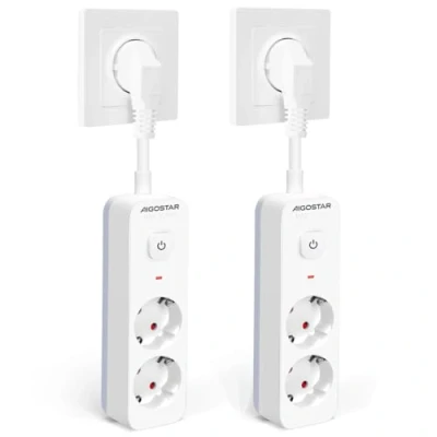 Imagen de Aigostar Regleta Enchufe, Alargador Enchufe de 2 Tomas, Multiple con Interruptor, Blanco, Piezas