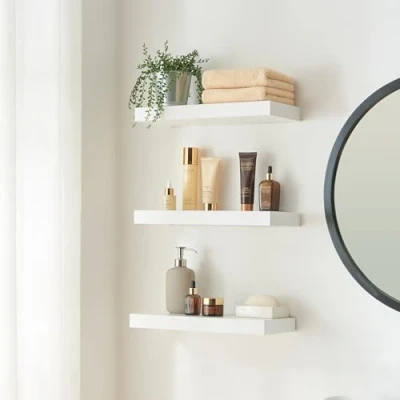 Imagen de [en.casa] Estantería Pared Stranda de 3 Estantes Juego Baldas Flotantes para Sala Baño Cocina Dormitorio Despacho MDF Metal 40x17x3,5cm Blanco