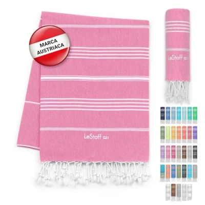 Imagen de LeStoff Fouta Premium 100% algodón orgánico Prelavado, sostenible, Absorbente y de Secado rápido Toalla Playa, baño, Ducha, Yoga, Sauna, Piscina Viaje (95 x 180 cm, Pink)