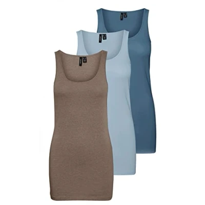 Imagen de VERO MODA Mujer VMMAXI My Soft Long Top GA 3P, Marrón/Azul/Azul (1 x Nogal Light Melange/1 Blue Fog/1 Azul China), M