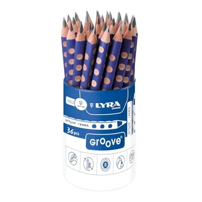 Imagen de LYRA Groove Graphite, Lápices de grafito ergonómicos, triangulares, zona agarre ergonómica, mina 4,3mm, Bote cartón, B, lacado azul, 36 unidades