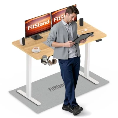 Imagen de FitStand escritorio eléctrico de pie una pieza 110 x 60 cm, altura ajustable, para computadora con ganchos y panel inteligente memoria, adecuado oficina hogar, arce