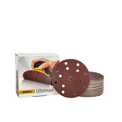 Imagen de Mirka Ultimax Papel de lija Ø 150mm Velcro 15 agujeros, grano P60, 50 piezas, Para excéntricas y lijadoras 150mm, Lijado maderas blandas duras, materiales minerales, barnices viejos duros