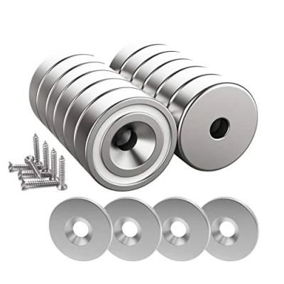 Imagen de Magnetpro 12 imanes 10 kg fuerza 20 x 7 mm con orificio y cápsula, imán en recipiente avellanado de neodimio tornillos cojines acero (Color Plata Brillante)