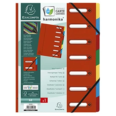 Imagen de Exacompta Ref. 55075E 1 clasificador HARMONIKA con elásticos y ventanas recortadas cubierta de tarjeta brillante espalda extensible 7 compartimentos para A4 dim 24,5 x 32 cm color rojo