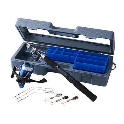 Imagen de Shakespeare El Combo de caña y Carrete Firebird Travelmate Incluye giratoria, Cargado con sedal, señuelos Estuche Viaje, Pesca Depredadores, lucioperca/Zander, Gris