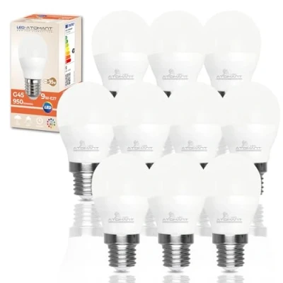 Imagen de LED ATOMANT Pack 10x Bombilla E27 G45 9W. Color Blanco Calido (3000K). 950 lumenes. Casquillo grueso. Equivalente 95W tradicional.