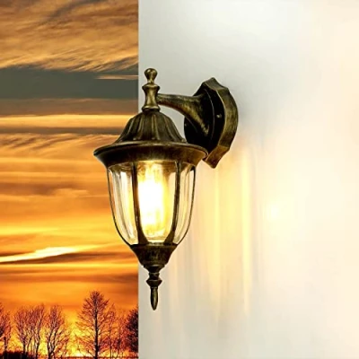 Imagen de Licht Erlebnisse aplique rústico exterior oro antiguo MILANO resistente a la intemperie Alu E27 alumbrado de jardín balcón puerta terraza