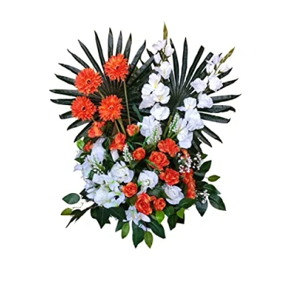 Imagen de DRW Centro de Flores Artificiales Cementerio, Santos, Aniversarios pie Tonos Naranjas y Blanco (Centro 73x70x40 cm)