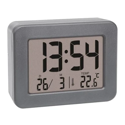 Imagen de TFA Dostmann Despertador Digital de Viaje 60.2044.10, Funciona con Pilas, Alarma Fuerte, Incluye termómetro Interior, indicador Fecha, Reloj Cuarzo, pequeño y Compacto, Color Gris