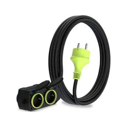 Imagen de MutecPower 3m Cable alargador de Corriente con 4 enchufes Schuko para Uso Exterior IP44 H05RR F3G 1,5mm² alargo Tomas Protección Infantil Goma 3 Metros Negro/Verde