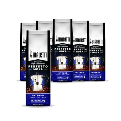 Imagen de Bialetti Perfetto Moka Intenso: Café Molido Tueste Fuerte, Aroma de Avellana,250 g x 6, Paquete con Válvula Unidireccional para Preservar el Sabor