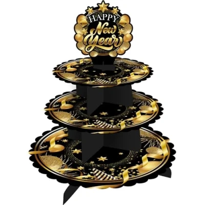 Imagen de Fiestas GUIRCA Bandeja de 3 Pisos Happy New Year (40x30 cm) Decoración Mesa para Fin Año y Celebraciones Ideal Navidad Nuevo Negro Oro