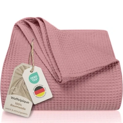 Imagen de LAYNENBURG Manta para sofá Verano 220 x 240 cm XXL Waffle Pique 100% algodón cocha Ligera de como Cama, aireada (Rosa Viejo)