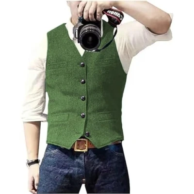 Imagen de Solovedress Traje de espiga lana casual para hombre, chaleco con cuello en V, tweed novios boda, verde, S