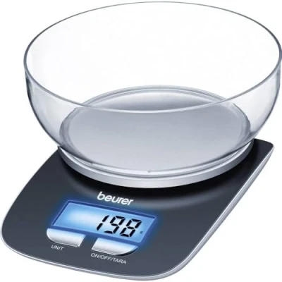 Imagen de Beurer KS 25 Balanza de cocina con bol transparente, función auto tara, 3 kg/1 gr, pantalla LCD azul (6.6 x 2.8 cm), altura 2.2 cm, color negro plata