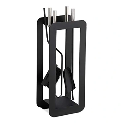 Imagen de Relaxdays Kit de Chimenea, Cinco Utensilios Cuidado, Pala, Cepillo, Atizador, Tenazas &amp; Soporte, 5 Uds, Negro, Acero Inoxidable, 1 Set