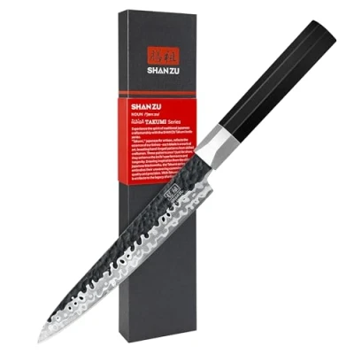 Imagen de SHAN ZU Cuchillo Universal Forjado a Mano, 15cm de Chef, Cocina Japonés Afilado Acero 9CR18MOV 7 Capas, Cocinero Profesional con Mango G10 TAKUMI Series