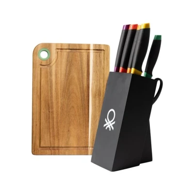 Imagen de Juego de 8pc cuchillos + tacoma en acero inox Tabla cortar 33x23x1.5cm madera acacia Casa Benetton