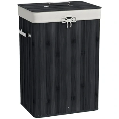 Imagen de HOMCOM Cesto para Ropa Sucia Plegable de Bambú con Tapa Asas y Bolsa Extraíble Baño 40x30x60 cm Negro