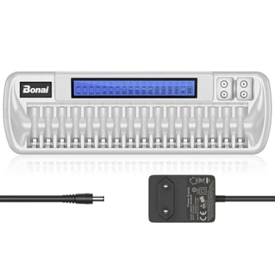 Imagen de BONAI LCD 18 Ranuras Cargador de Pilas Universal para AA AAA Ni MH CD y 9V Li Ion Recargables con AC Adaptador