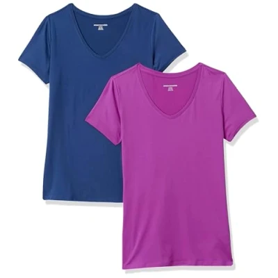 Imagen de Amazon Essentials Camiseta técnica elástica de Manga Corta y Cuello en Pico (Disponible Tallas Grandes) Mujer, Pack 2, Azul Marino/Orquídea Morada, XL