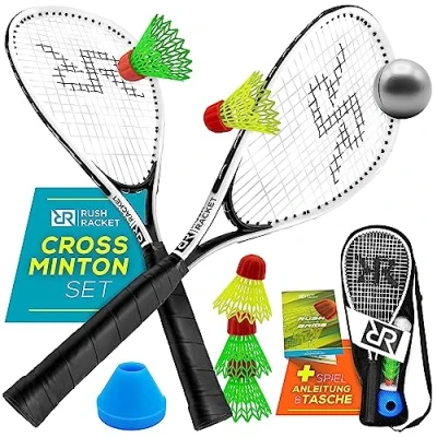 Imagen de Rush Racket Juego de bádminton RS3 Speed 5 piezas (2 raquetas pelotas plumas 1 softbol 8 marcadores campo bolsa transporte) crossminton velocidad (blanco)