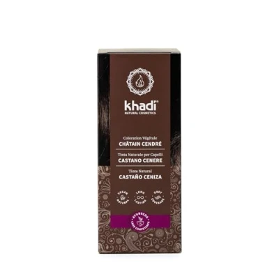 Imagen de khadi CASTANO ceniza tinte natural, coloración para cabello mate, castaño medio a café intenso sin reflejos rojizos, color natural 100% vegetales y vegano, cosmética 100g
