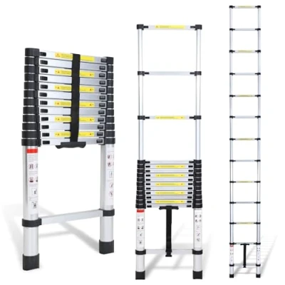 Imagen de Cecaylie Escalera telescópica de Aluminio, 3,8 m, multifunción, Extensible, Multiusos, Antideslizante, fácil Transportar, soporta hasta 150 kg Plata