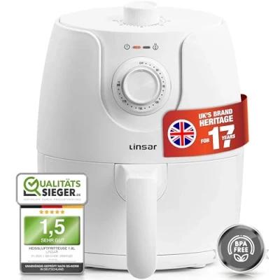 Imagen de Linsar Freidora de aire caliente 1,8 L, temporizador, temperatura seleccionable, mantener caliente, sin aceite, ahorro energía y más rápido que los hornos convencionales, 1200 W (blanco)